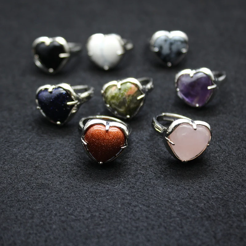 

Natural Stone Ring Love Heart Adjustable Pink Quartz Purple Rose Crystal Finger Rings for Women Party