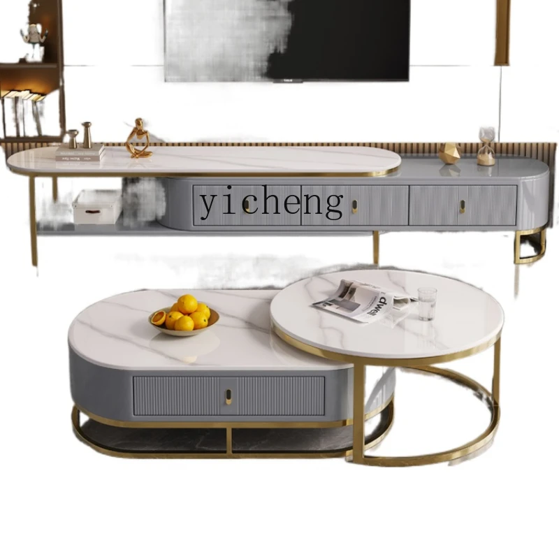 

XL Coffee Table TV Cabinet Combination Telescopic Stone Plate TV Stand Advanced White