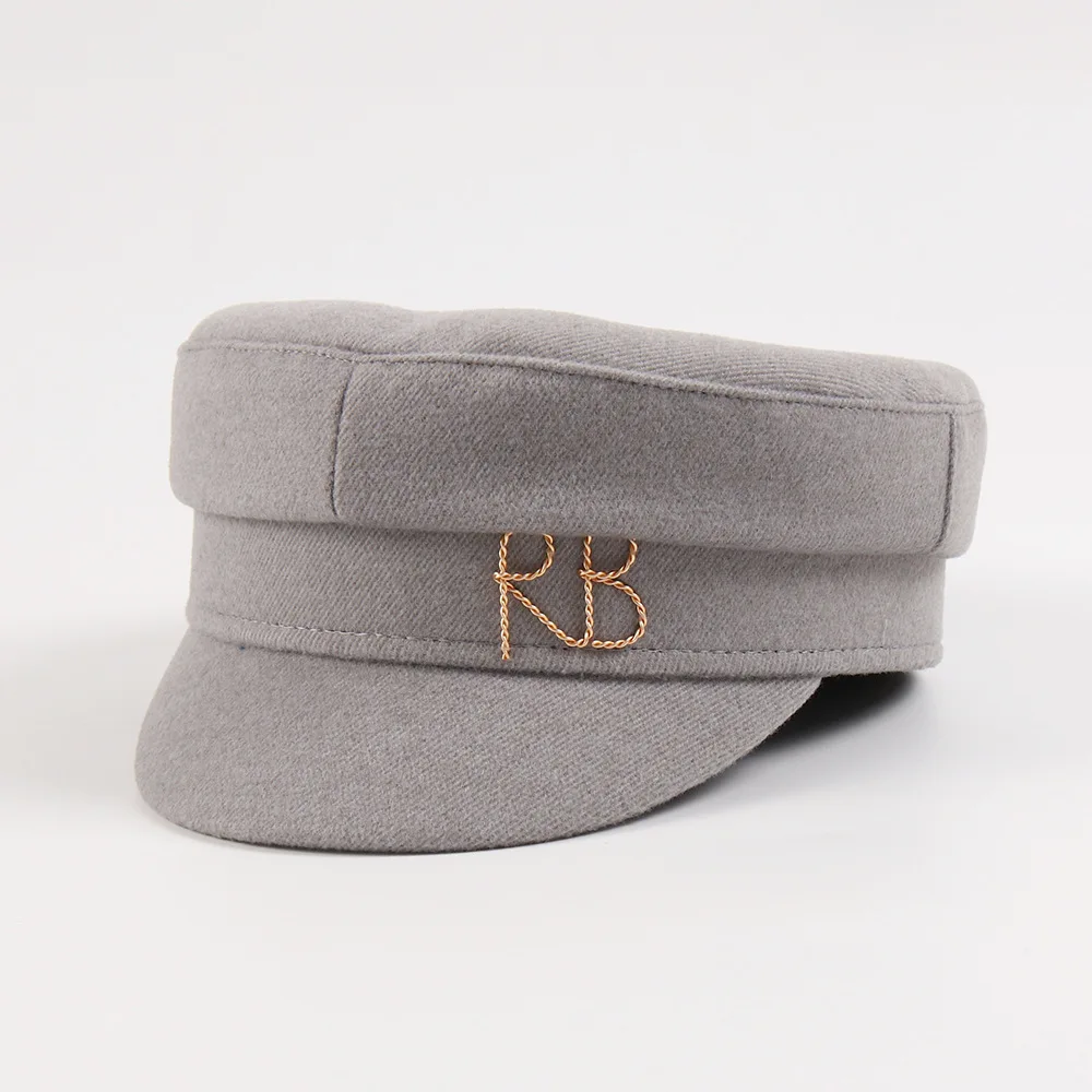 Brand Designer Autumn Winter Newsboy Caps Metal letter Decorated Flat Wool Caps cotton newsboy cap