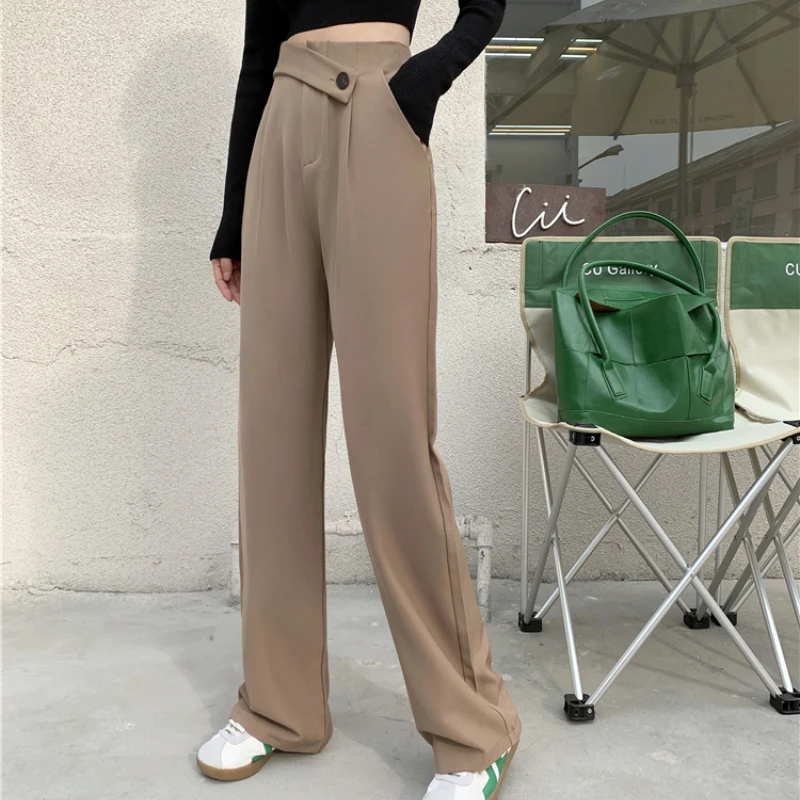 Women High Street Fashion Button Office Pants 2024 Spring New Casual Wide Leg Solid Color Ladies Long Pants Elegant Trousers Pop