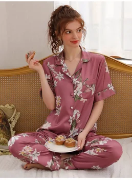 Pure Silk Pajamas for Women's Satin pyjamas Button Pigiama Mujer Pijama Sleepwear Print Mulberry Silk Nightwear Pizama Damska