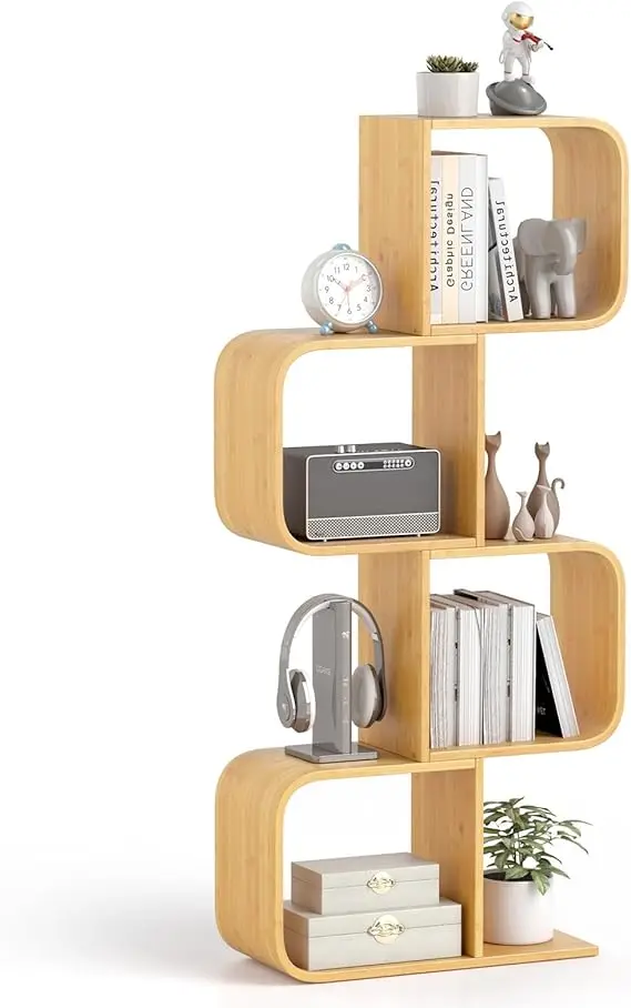 S-Shaped Bookcase, 4-Tier Bamboo Bookshelf with 4 Open Cubes, Geometric Corner Display Shelf, Decorative Storage Organiz