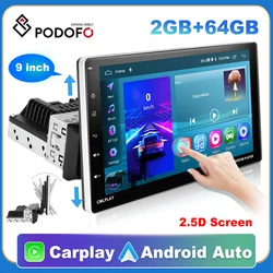 Podofo 1din Android Car Radio Carplay 9'' Touch Screen Universal Car Multimedia Player with BT FM Receiver Support Rear View Cam