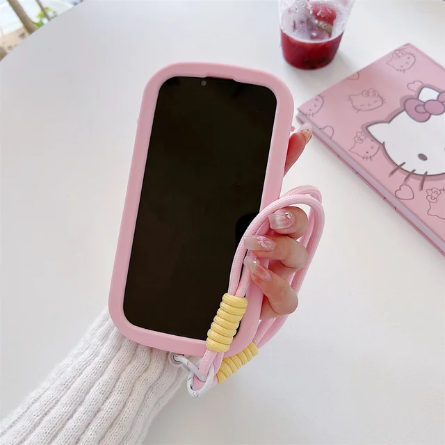 For iPhone 16 15 14 13 12 11 Pro Max X XR Xs Max 6 7 8 3D Cartoon Hello Kitty Silicone Phone Case With Wrist Strap Cute Cover 6