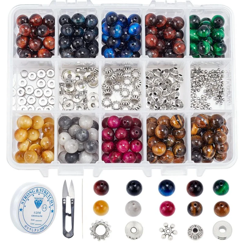 1Box Multicolor Natural Tiger Eye Beads Alloy Spacer Beads for DIY Bracelet Necklace Jewelry Making Crafts with Findings Kit