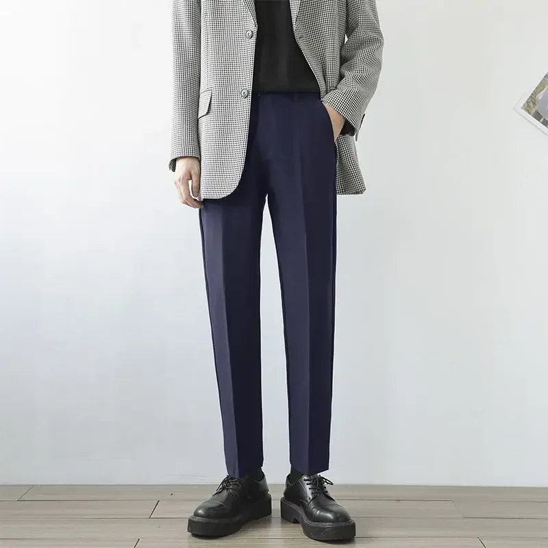 Slim Fit Office Trousers for Men Work Man Suits Pants Black 9 Cropped Tressed High Quality Fabric Vintage Clothes Offer Dress Up