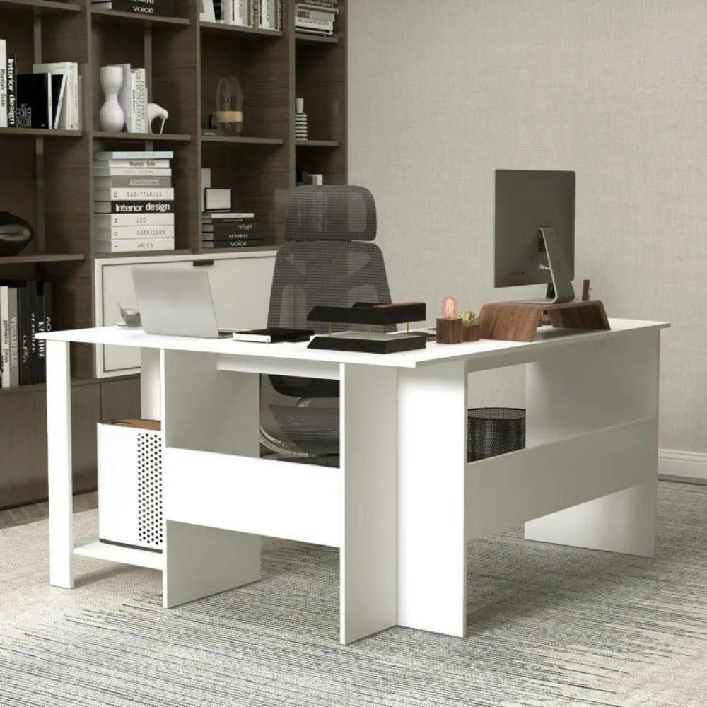 Large Modern L-shaped Computer Desk, with 2 Cable Holes and 2 Storage Shelves,Computer Desks 4
