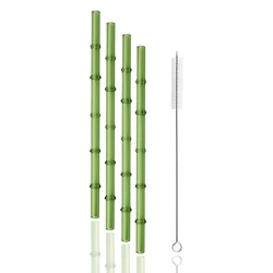 Set of 4 Eco - Friendly Glass Straws with Green Bamboo Design and Cleaning Brush (Straight)