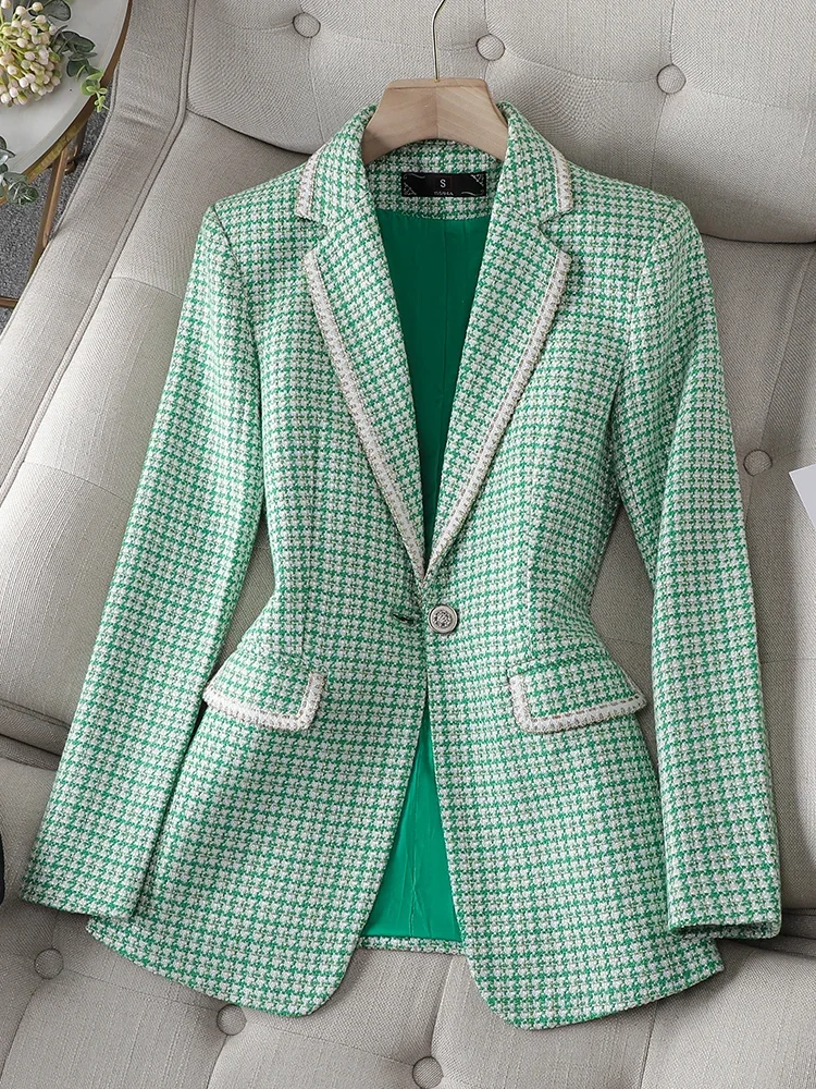 

Green Apricot Black Plaid Ladies Formal Blazer Coat Women Female Long Sleeve Single Button Business Work Wear Jacket For Winter