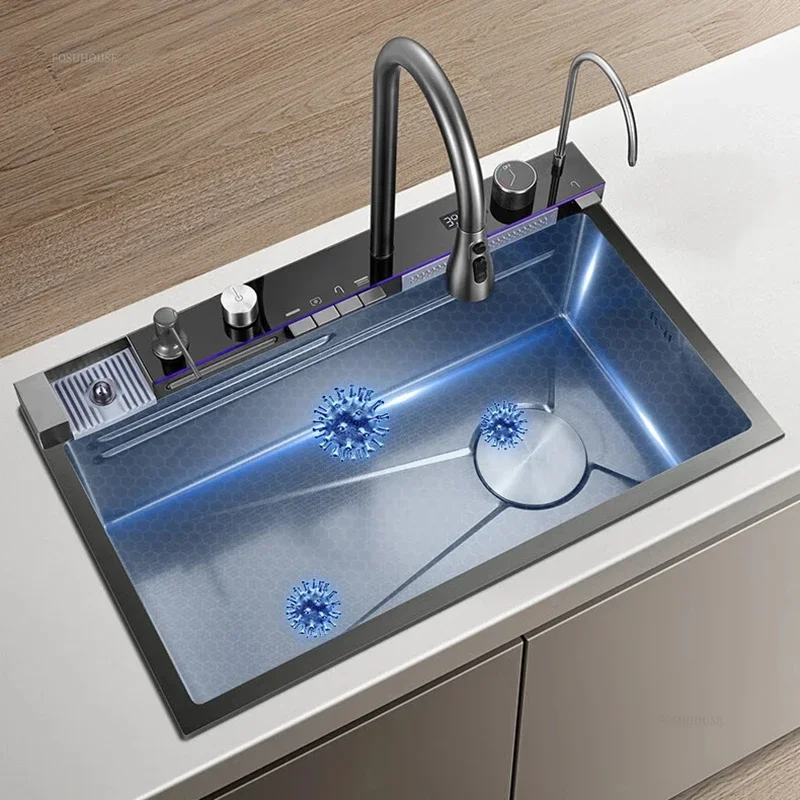 Raindance Waterfall Kitchen Sinks Nano Stainless Steel 304 Home Kitchen Wash Basin Digital Display Embossed Large Single Slot B