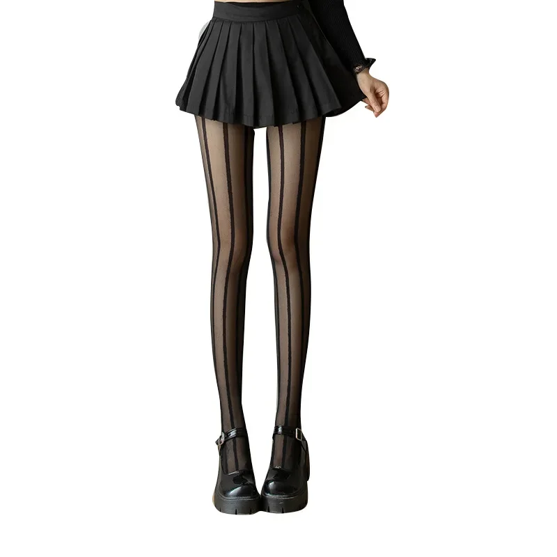 Sexy Women Black Stockings Slimming Vertical Stripes Lines Pantyhose Ultra-thin Tights