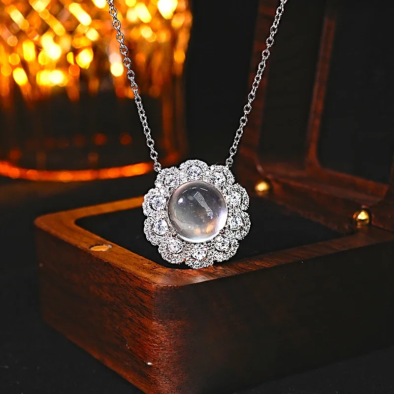 

Versatile Natural Water Foam Jade 925 Silver Pendant Suit, with High Carbon Diamond Glass and High Fluorescence Sunflower