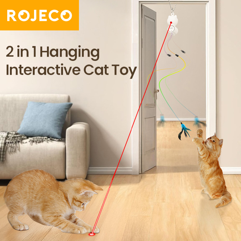 ROJECO Automatic Cat Toys 2 in 1 Retractable Cat Laser Toy With Hanging Feather Interactive Fun Toy For Cats Dogs Pets Kitten
