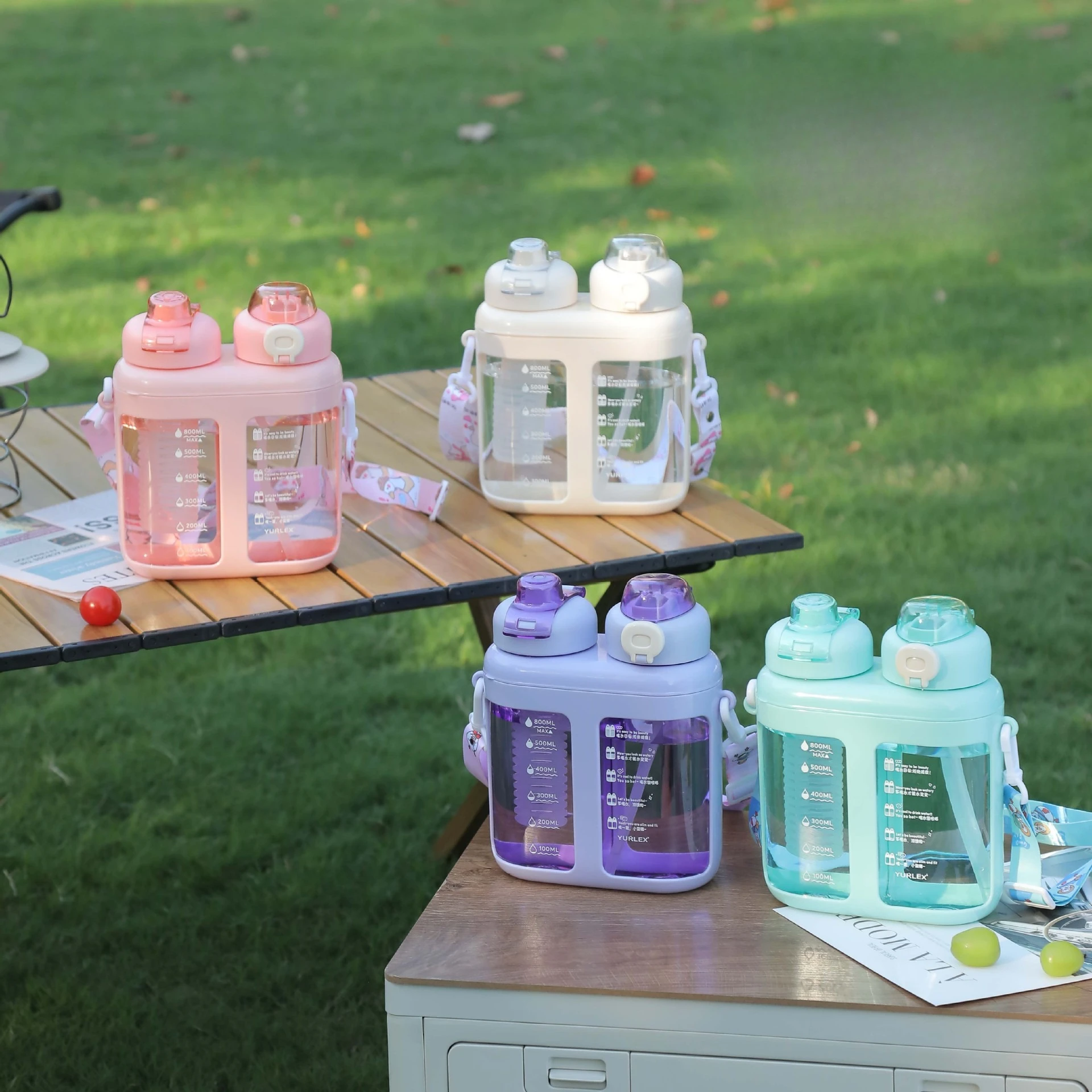 Summer Split-Compartment Double Drinking Straw Cup with ABS Material Kids Portable Water Bottle for Sports & Outdoor Leakproof