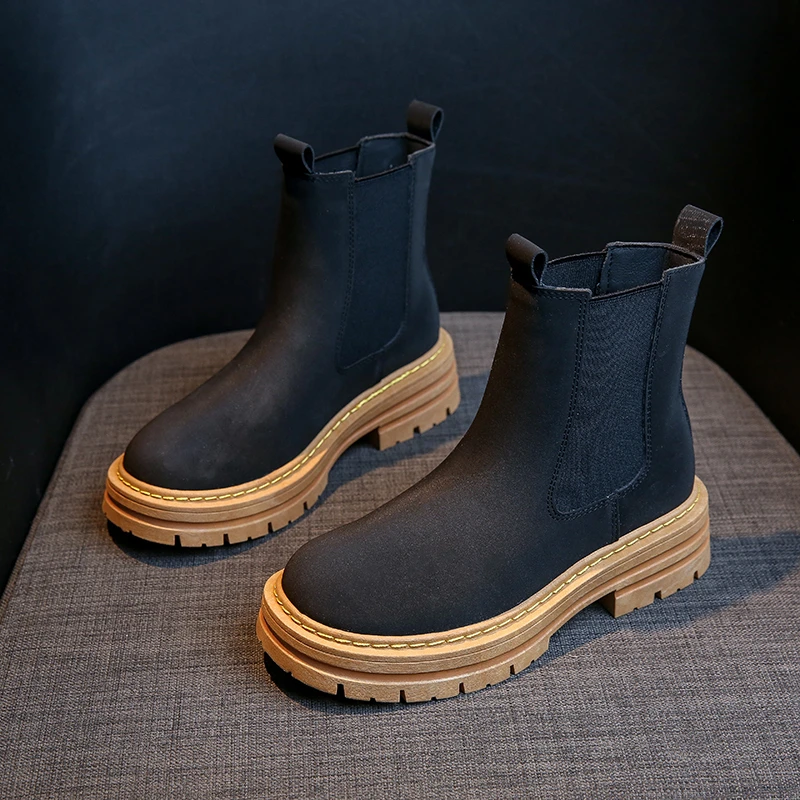 2023 Autumn Classic Pu Leather Ankle Boots Thick Bottom Women's Round Toe Ankle Boots Shoes Handmade Thick Heel Chelsea Boots