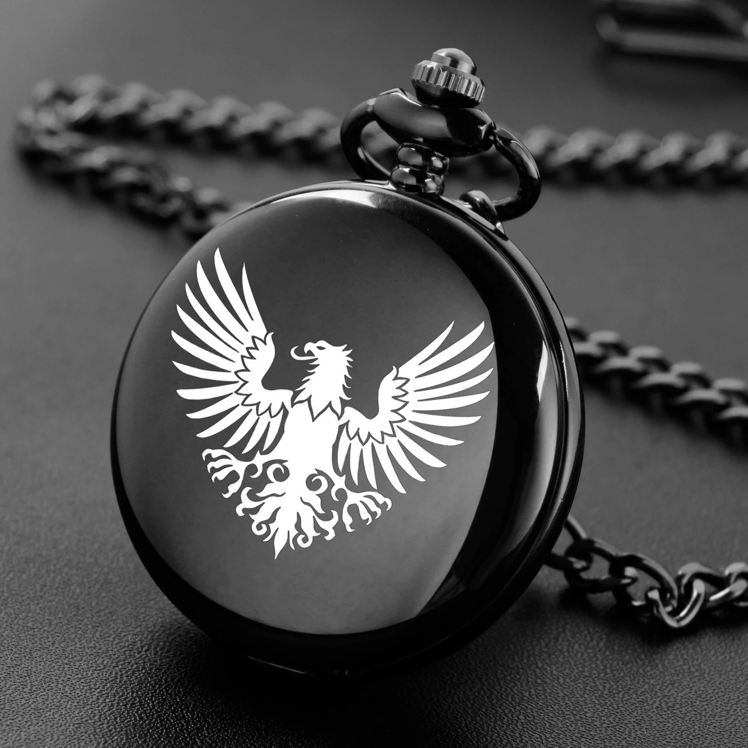 

The roc spreading its wings cool design carving english alphabet face pocket watch a belt chain Black quartz watch perfect gift