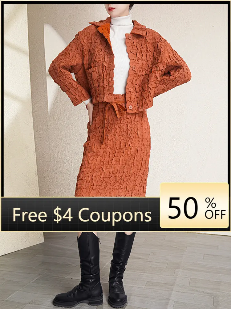 

Miyake pleats winter new suit fashion embroidery embossed single-breasted cotton coat half skirt two-piece set