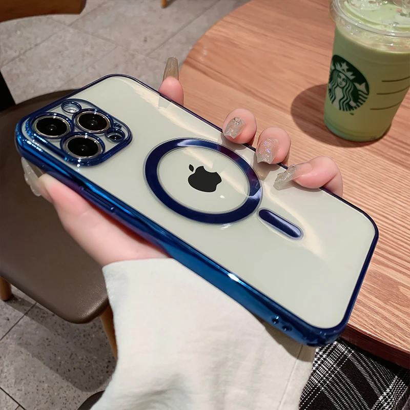 For iPhone 14 13 12 Pro Max Case Luxury Plating Clear Magnetic For Magsafe Wireless Charge Soft Silicone Cover for iPhone 14 Pro