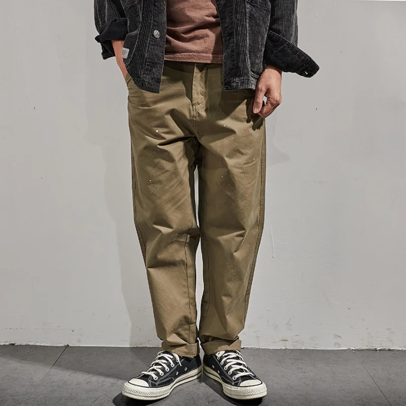 

men's Cotton straight casual pants four seasons versatile fashion brand spray paint used pants men's Retro conical Khaki Pants