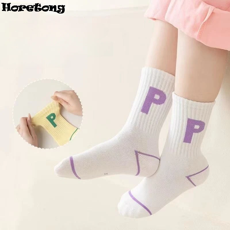 Horetong 5 Pairs/Lot Children's Fashion Letters For Girls Kids Autumn Comfortable Sports Casual School Cotton Middle Tube Socks 4