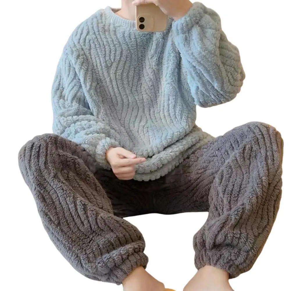 Fashion-forward Solid Color Sleepwear Set Cozy Men's Flannel Pajama Set Soft Touch Warm Loungewear for Autumn Winter Solid Color 1 set casual solid color warm hoodie trousers autumn winter sweatshirt sweatpants set solid color for daily wear