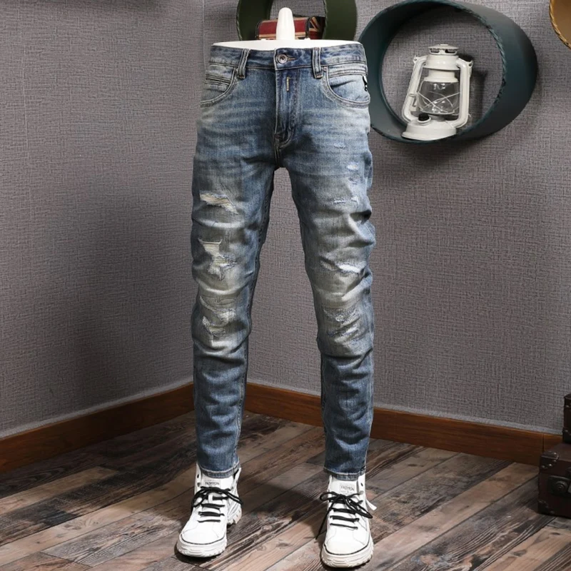 Джинсы мужские рваные эластичные в стиле ретро