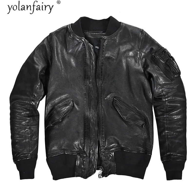 2020 New Genuine Leather Jacket Men Short Vintage Men's