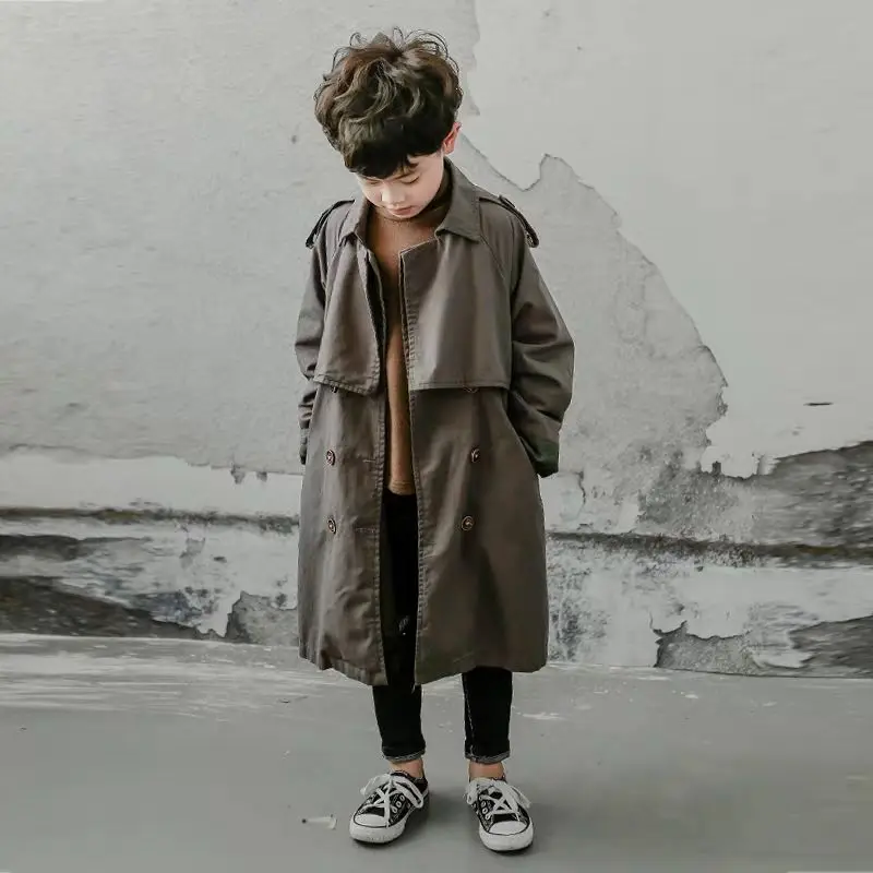 Children Boys Spring Autumn Thin Double Breasted Jackets Solid Turn-down Collar Mid-Length Trench New Fashion Coats Korean boys trench coat
