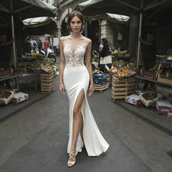 Abito da sposa a sirena in raso con scollo in pizzo trasparente, spacco alto, schiena scoperta e strascico, elegante per la sposa, per matrimoni e feste formali
