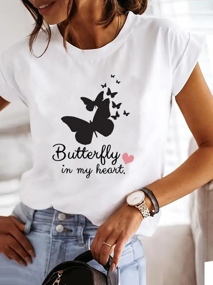 

Women Summer Clothes Graphic T-shirt Fashion Short Sleeve Butterfly Letter Trend 90s Print T Shirt Clothing Tee Female Top