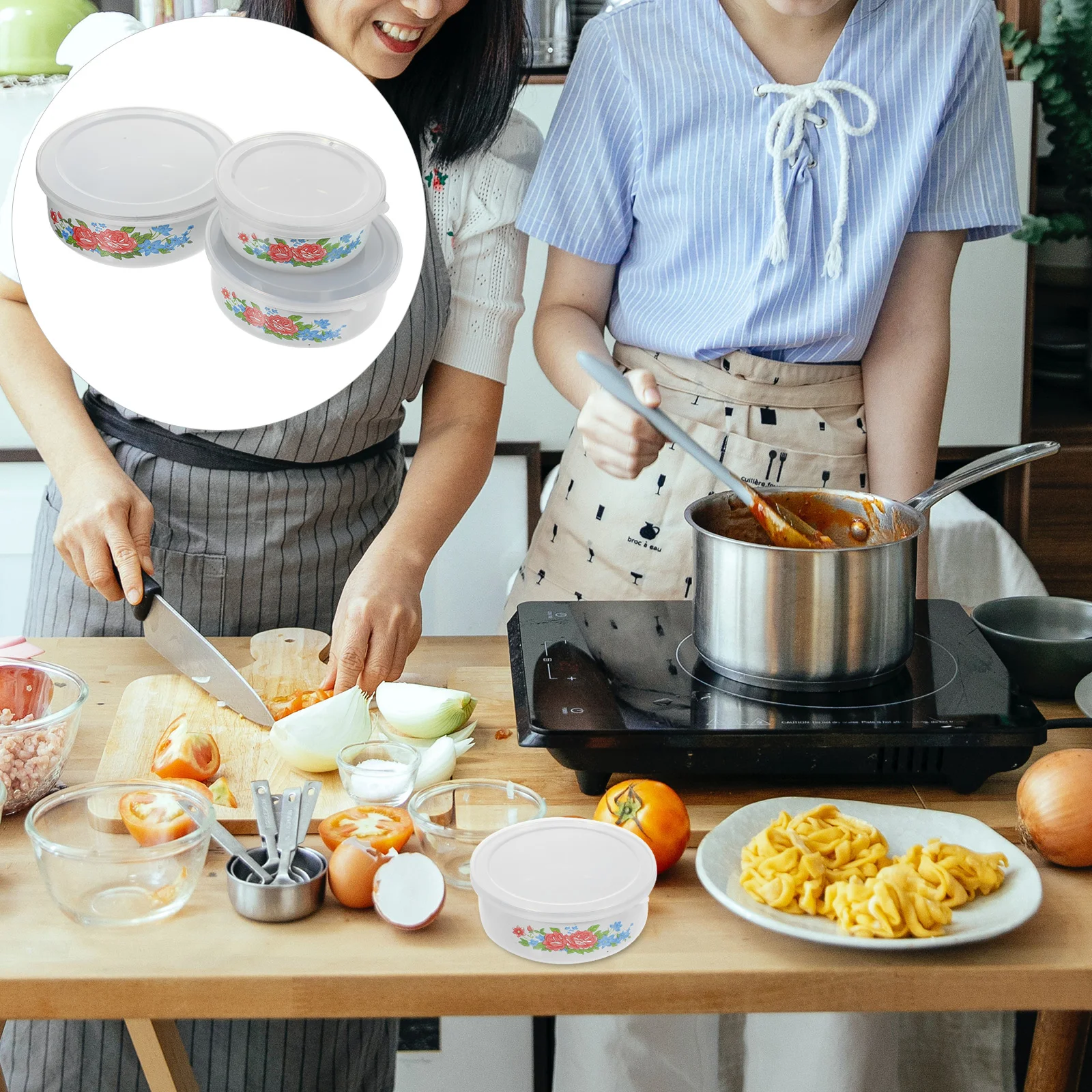 

3pcs Bowls Vintage Style White Kitchen Mixing Bowl with Lids Bath Wash Basin Rustic Home Decor