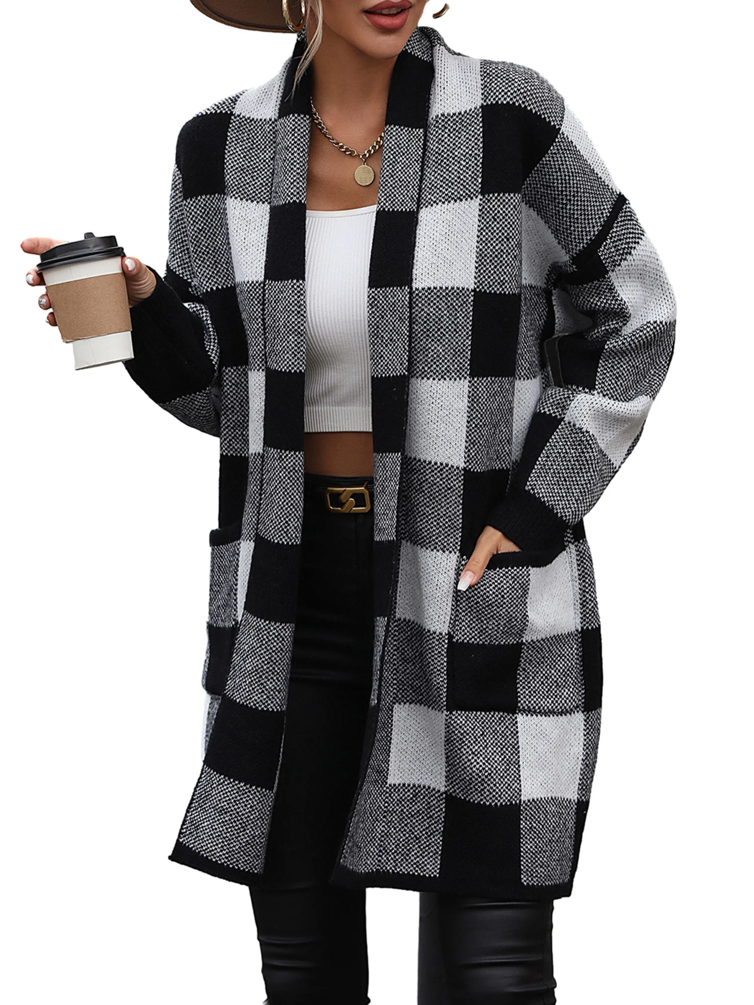 

Women s Plaid Oversized Cardigan with Open Front and Long Sleeves - Stylish Down Shirt Cardigan for Fall 2023 Sweater Collection