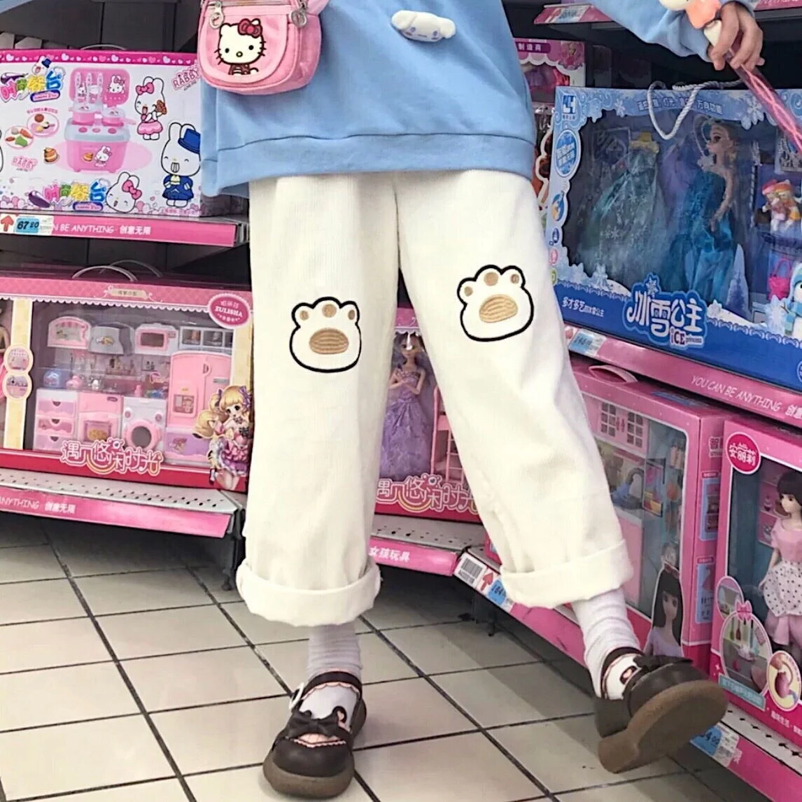 

New Women Pants Japanese Style Corduroy Loose Casual Student Bear Paw Embroidery Sweet Cute Female Trousers