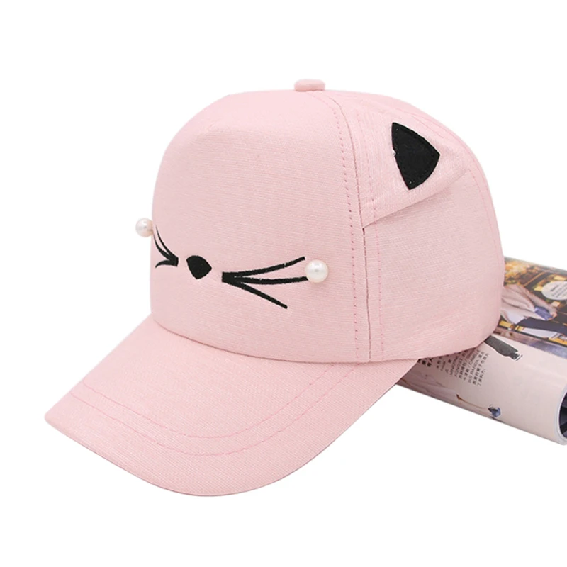 1PC Fashion Cute Cat Ears Snapback Cap Brand Street Adjustable 56- 61cm Lovely Embroidery Hat Boy Girl Pearl Baseball Cap