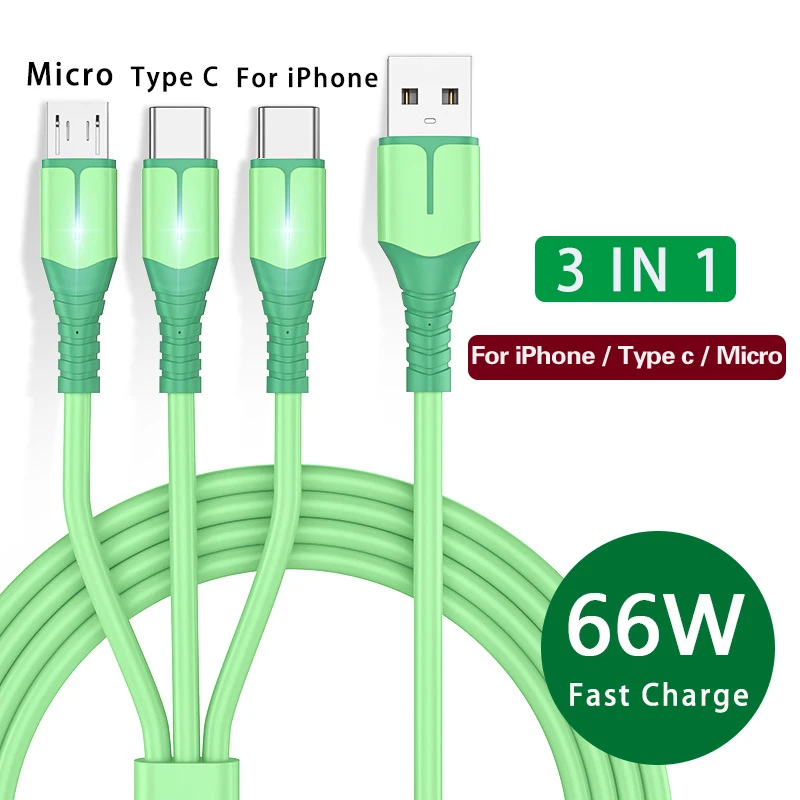 3-in-1 USB-C Charging Cable - Fast Charge For IPhone, Samsung, Google, Xiaomi - Nylon Braided 1m