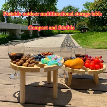 Compact Red Wine Table Outdoor Snack Shelf Portable Wooden Dining Table Small Folding Fruit Tray Non-Slip Wooden Snack Tray 1
