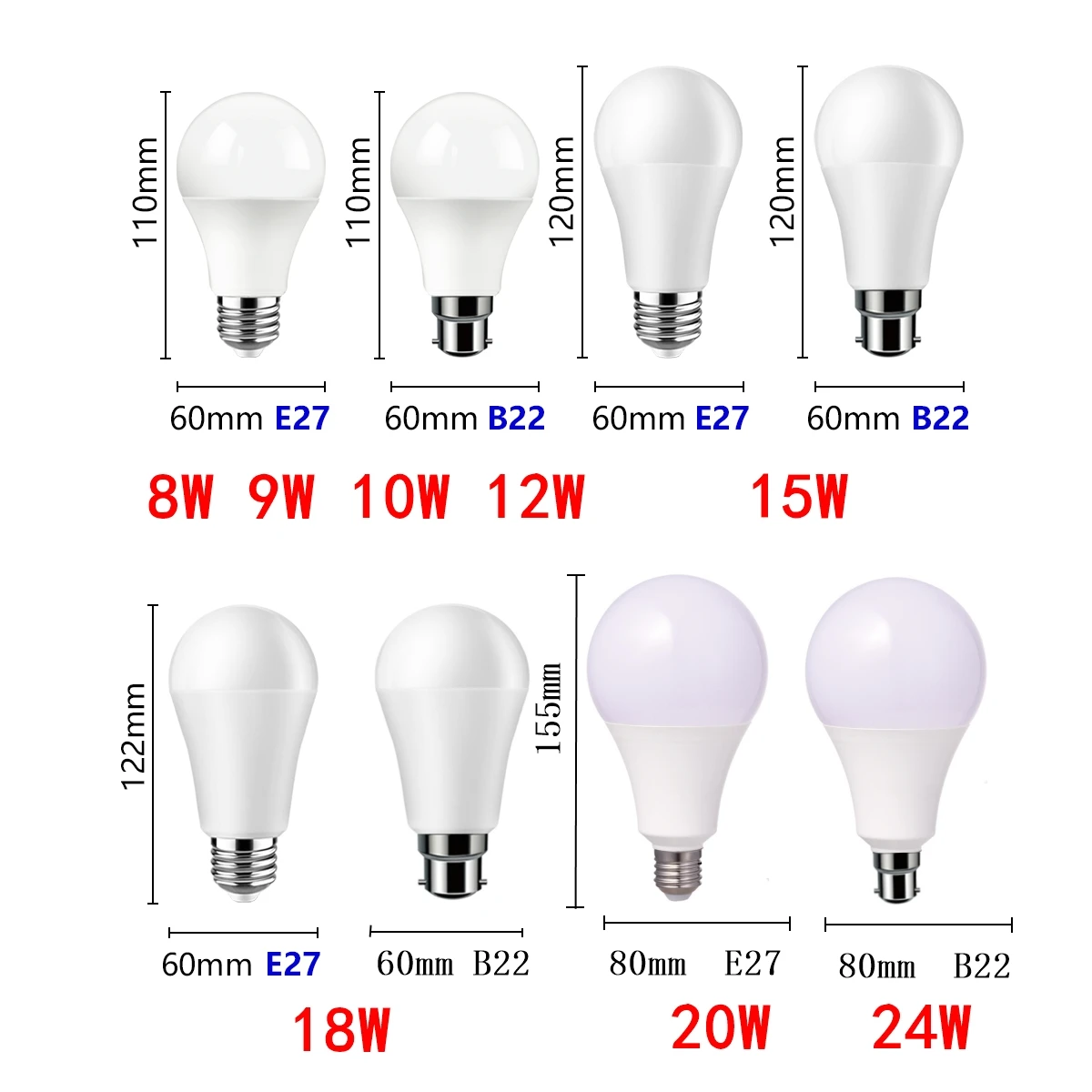 공장 직접 LED 전구 전체 전압 AC120V 220V 8W-24W E27 B22 높은 루멘, 깜박임없는 3000K/4000K/6000K 따뜻한 백색광
