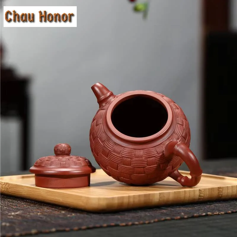 280ml Classic Yixing Zisha Raw Ore Dahongpao Bamboo Woven Teapot Handmade Household Kung Fu Teaset Tea Ceremony Accessories Gift