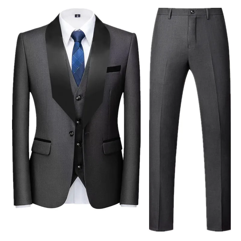 Men Pure Colour Formal Wedding Suit 3 Piece Black / Blue / Dark Grey Fashion Simple Male Business Social Tuxedo Dress Set
