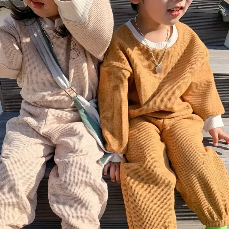 Autumn Baby Clothes Set Kids Clothes Girls Boys 2 Pcs Suit Waffle Kids Sports Sweatshirt Solid Color Casual Two Piece Set kids clothing set kids sports suit boys clothing set children sports suit kids sweatshirt set