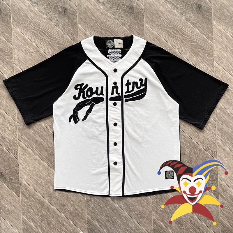 

Patchwork Kapital Kountry Baseball Short Sleeve Shirt Men Women Bone Embroidery Letter Loose Shirt Top Tees