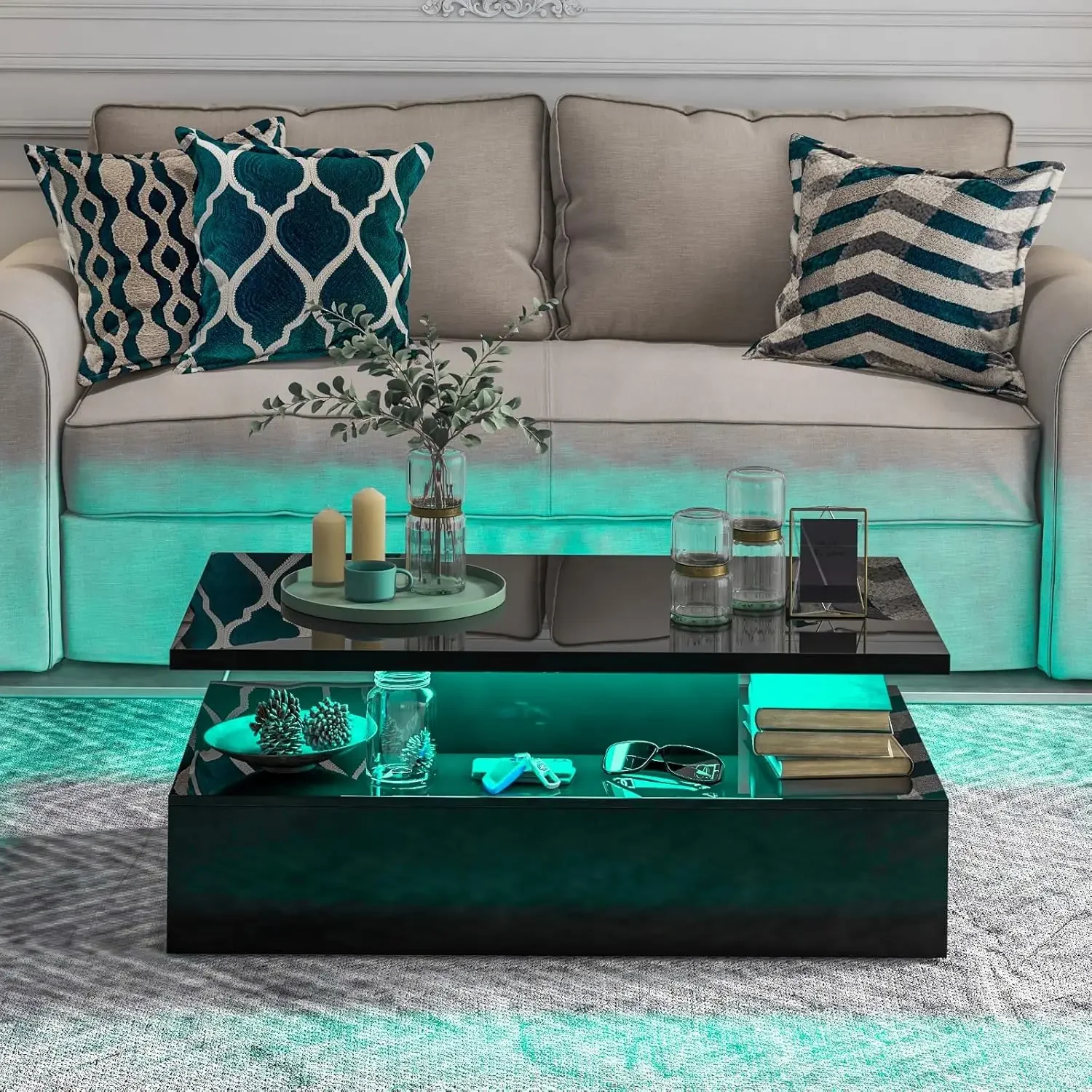 LED Coffee Table, Modern High Gloss Coffee Table w/ 20-Color LED Lights, Adjustable Speed & Brightness, Remote Control 4