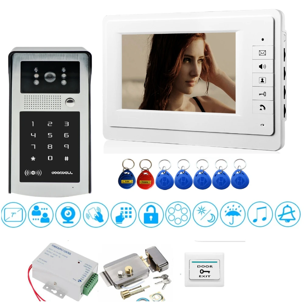 

7'' TFT LCD Wired Video Door Intercom Unlock System Kit Video Doorbell Phone Rainproof IR Camera for Home Villa