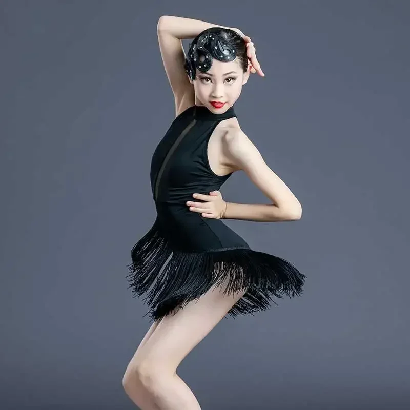 Girl Sexy Latin Dance Dress Black Children Professional Competition Ballroom Dance Dresses Tassel Tanggo Cha-cha Waltz Dancewear