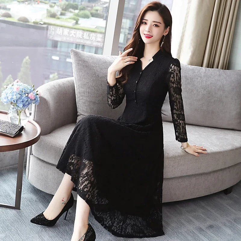 2024 Autumn Winter Vintage Lace Midi Dresses Women Bodycon