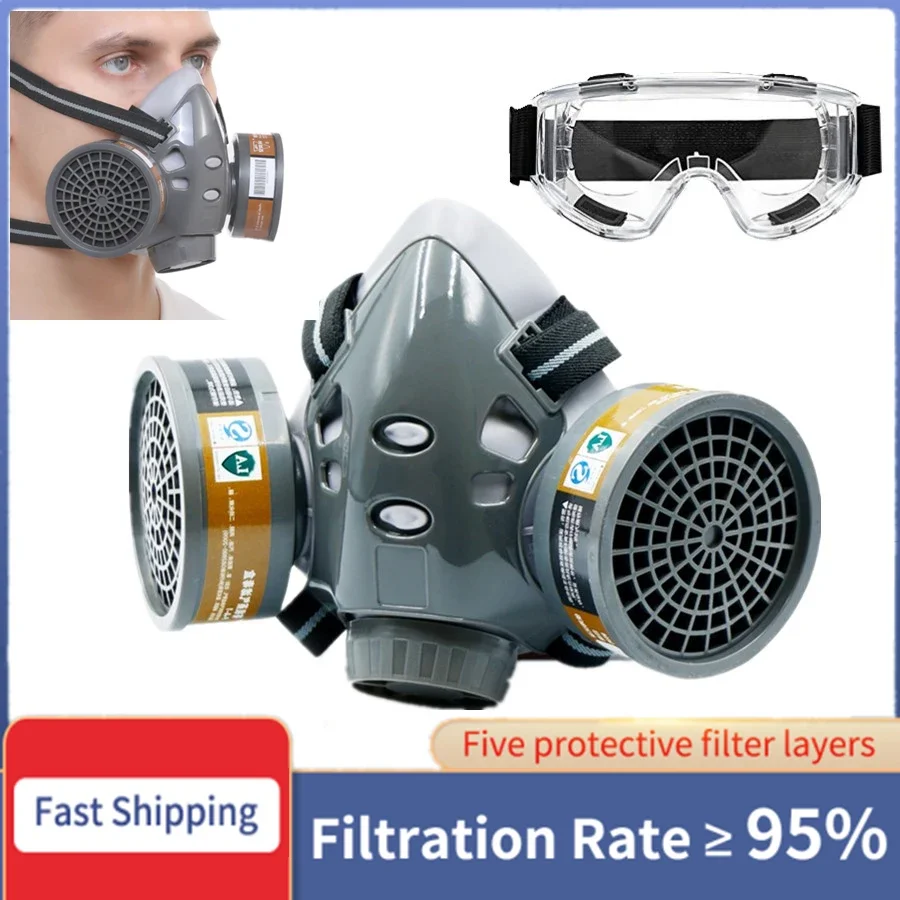 Gas Mask Respirator Filter Gas Mask Filter Gas Respirator Face Respirator Half Face Respirator Mask Painting Gas Mask Respirator Set Dual Charcoal Filters Spray Chemical Industry Pesticide Anti Fog Glasses