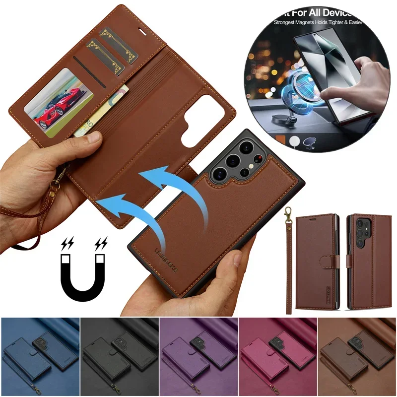 Magnetic Leather Wallet Phone Case with Lanyard Cover
