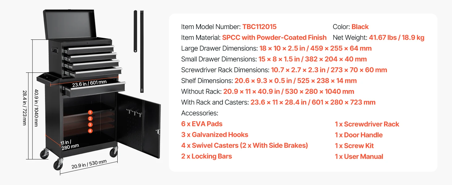 SucceBuy 5 Drawers Rolling Tool Chest 2-in-1 Tool Cabinet Organizer with Lock Bar Metal Toolbox for Workshop Garage Storage
