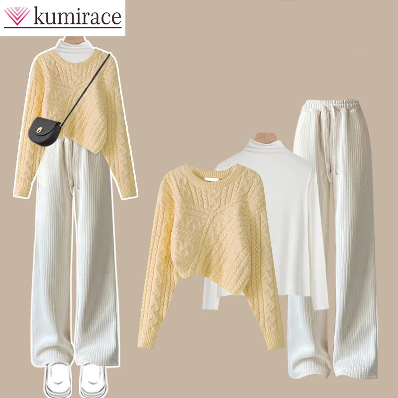 Set Women's 2023 Autumn/Winter New Korean Knitted Sweater Women's Underwear Casual Pants Three Piece Winter Women's Setwomen Pan autumn winter fashion maternity pajamas cotton coat pants and breast feeding tops three pieces leisure pregnant women homewear