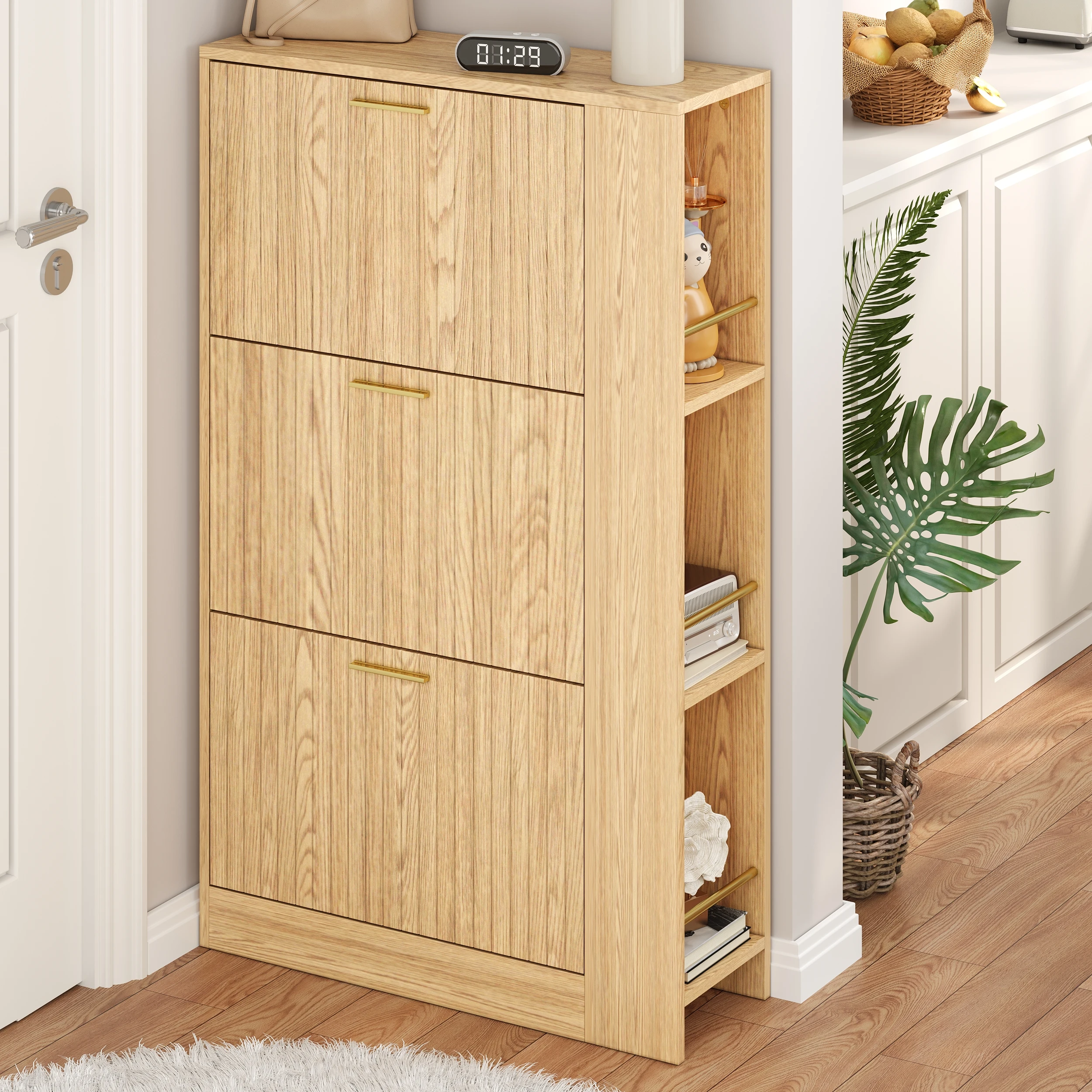 Moderner, minimalistischer Schuhschrank aus Holz, dreitüriges Design, großes Fassungsvermögen, offene Regale, stilvoll und praktisch – Detail 8